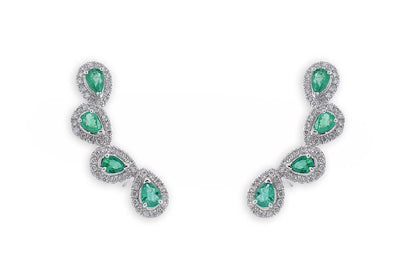 Earrings 18kt Gold Climbers Pear Emeralds with Diamonds Halo