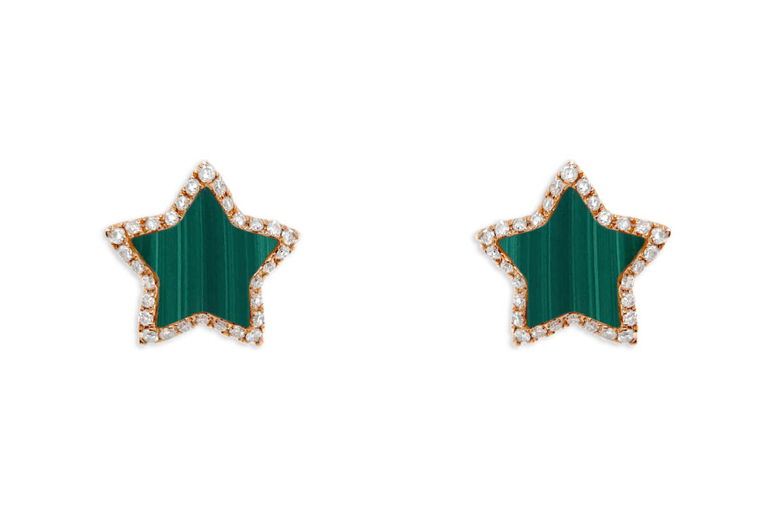 Earrings 18kt Gold Stars Malachite &amp; Diamonds Halo Studs