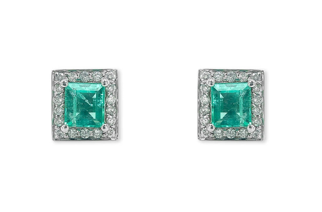 Earrings 18kt Gold Colombian Emeralds &amp; Diamonds Studs