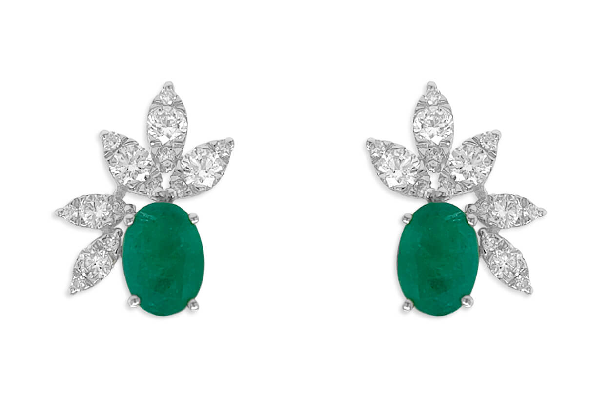 Earrings 18kt White Gold Oval Emerald &amp; Diamonds Flowers