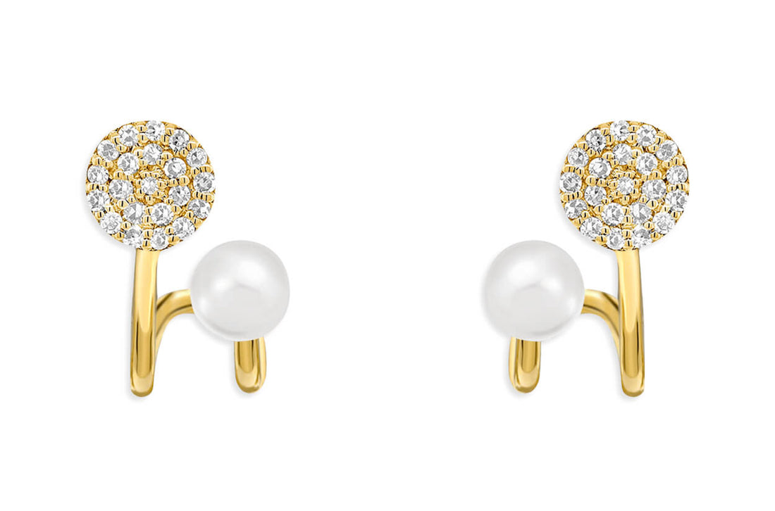Earrings 18kt Gold Double Pearl &amp; Diamonds Disc Huggies