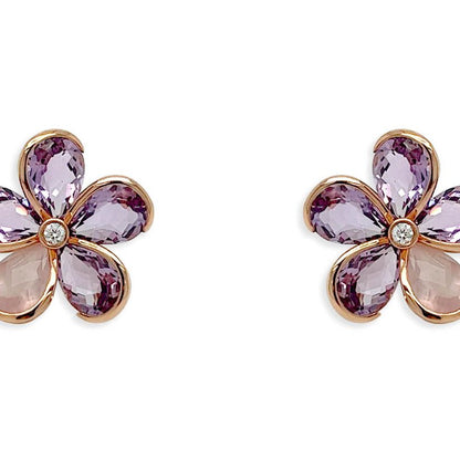 Quartz &amp; Amethyst Flower Stud Earrings – 18k Gold