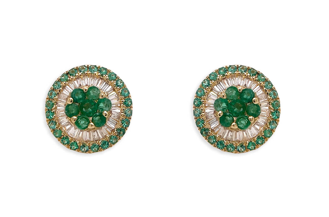 Earrings 18kt Gold Center-Border Emeralds &amp; Diamonds Pizza