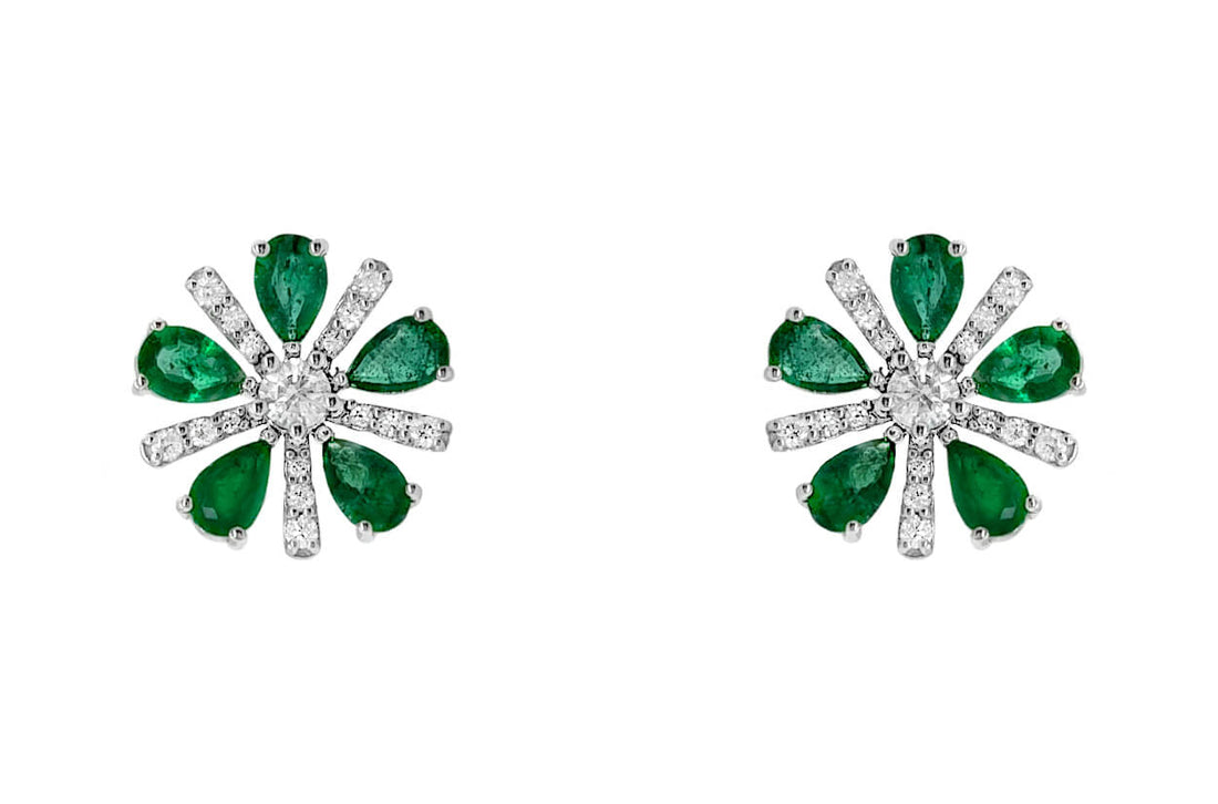 Earrings 18kt White Gold Flowers Pear Emeralds &amp; Diamonds