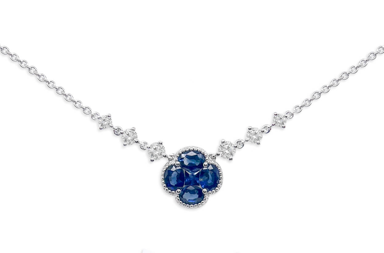 Necklace 18kt Gold Blue Sapphire Clover &amp; Diamonds