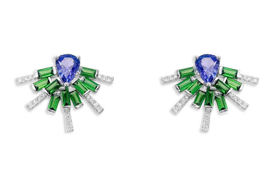 Earrings 18kt White Gold Tanzanites Tsavorites &amp; Diamonds Climbers