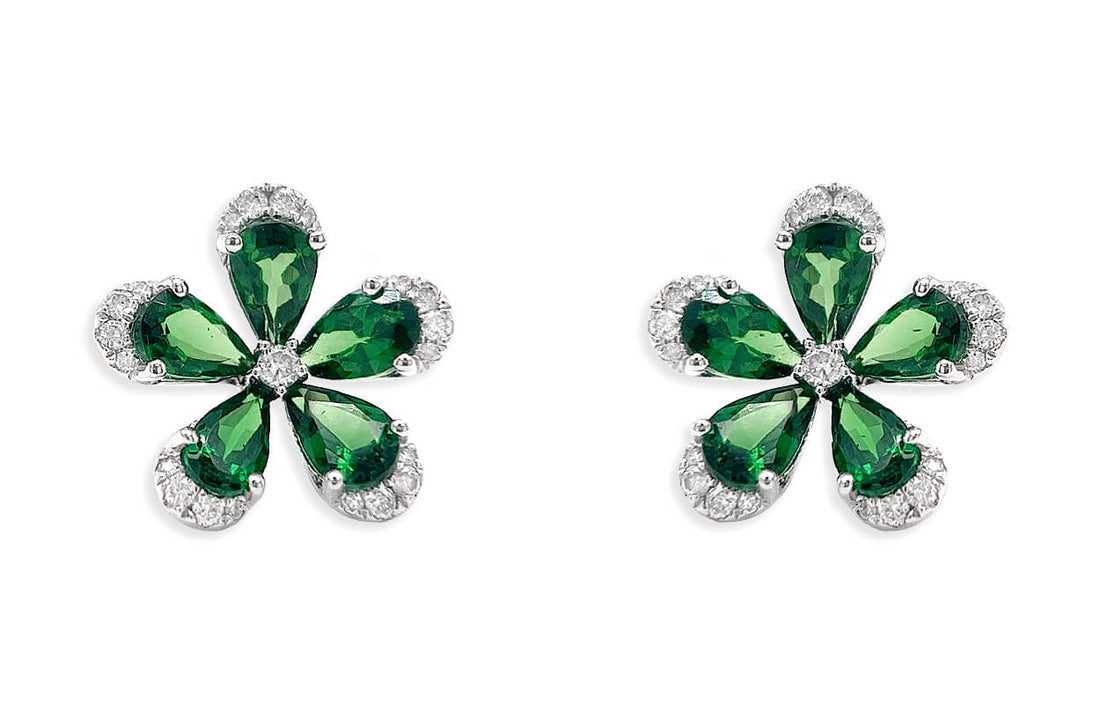 Earrings 18kt Gold Flowers Pear Tsavorite Garnets &amp; Diamonds