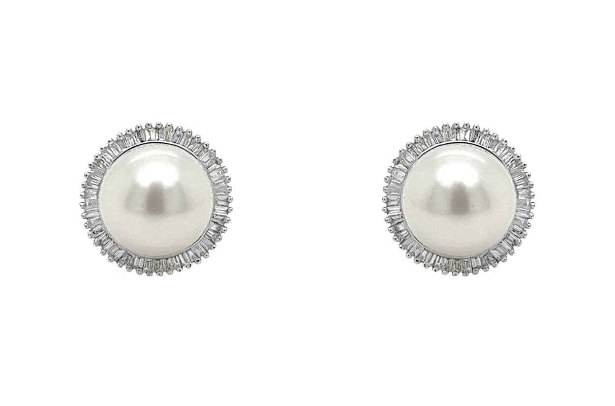 Earrings 18kt Gold Pearls &amp; Baguette Diamonds Halo Studs