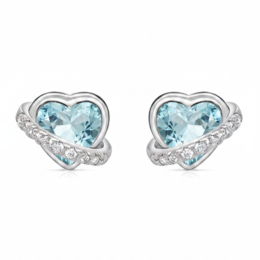 18k gold aquamarine heart and diamond earrings by Diamond Tales