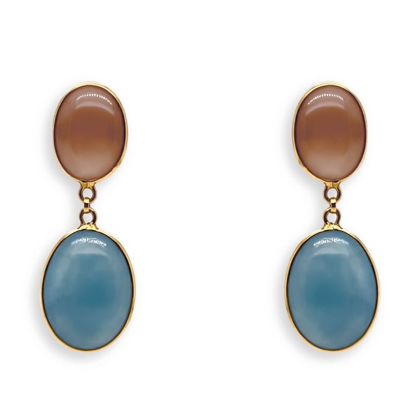 18k gold aquamarine and moonstone oval earrings by Diamond Tales