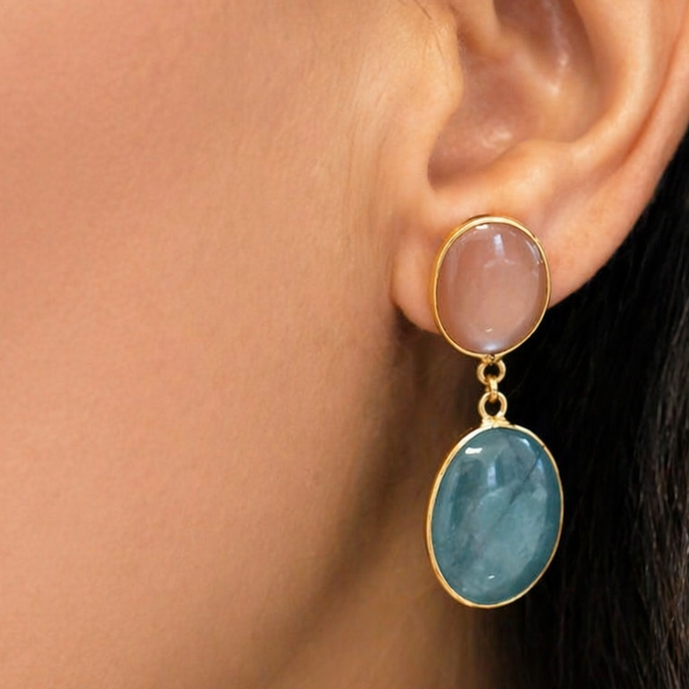 18k gold aquamarine and moonstone oval earrings by Diamond Tales