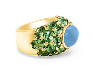 aquamarine and peridot ring in 18k yellow gold