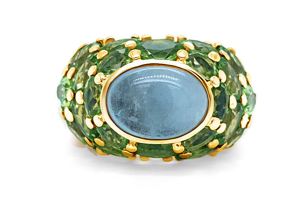 aquamarine and peridot ring in 18k yellow gold