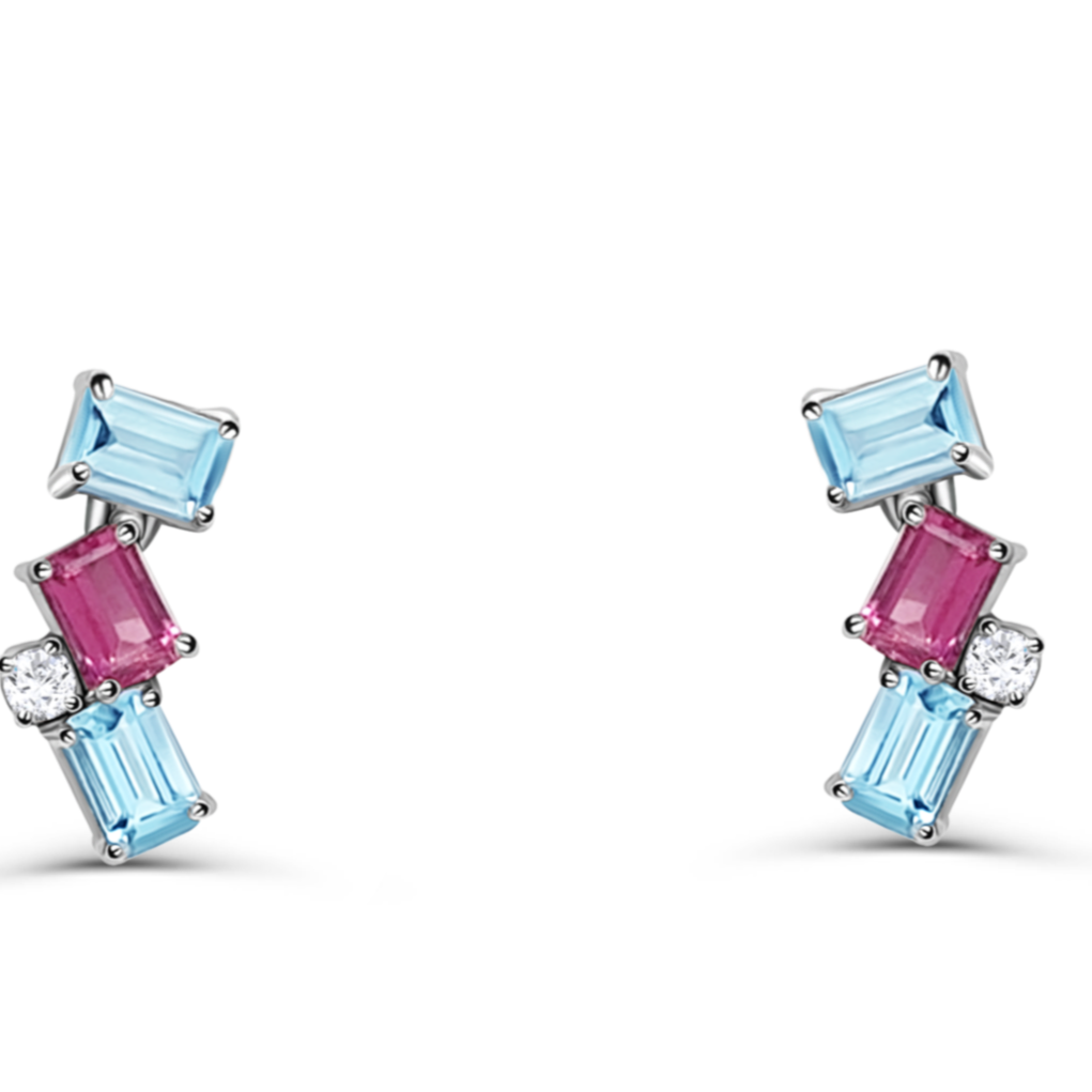 18k gold aquamarine tourmaline and diamond climber earrings by Diamond Tales