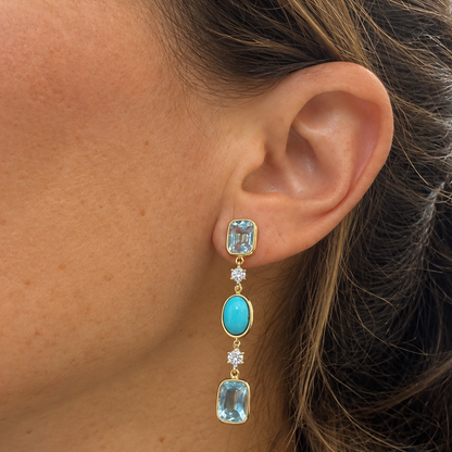 Single aquamarine and turquoise drop earring in 14k two-tone gold, detail view