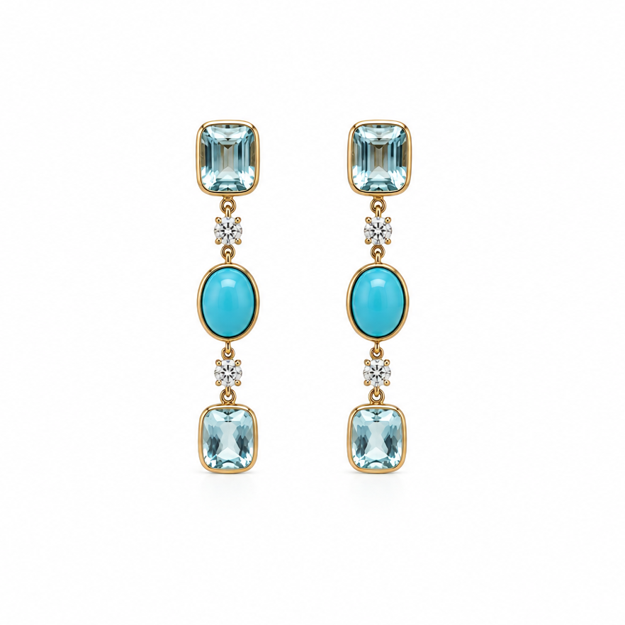 Aquamarine, turquoise and diamond drop earrings in 14k yellow and white gold