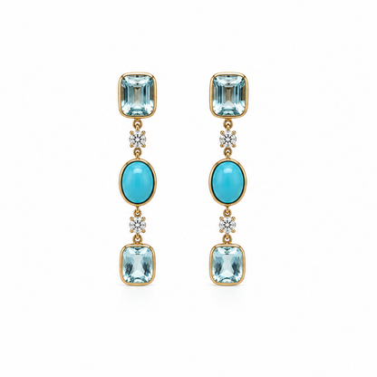 Aquamarine, turquoise and diamond drop earrings in 14k yellow and white gold