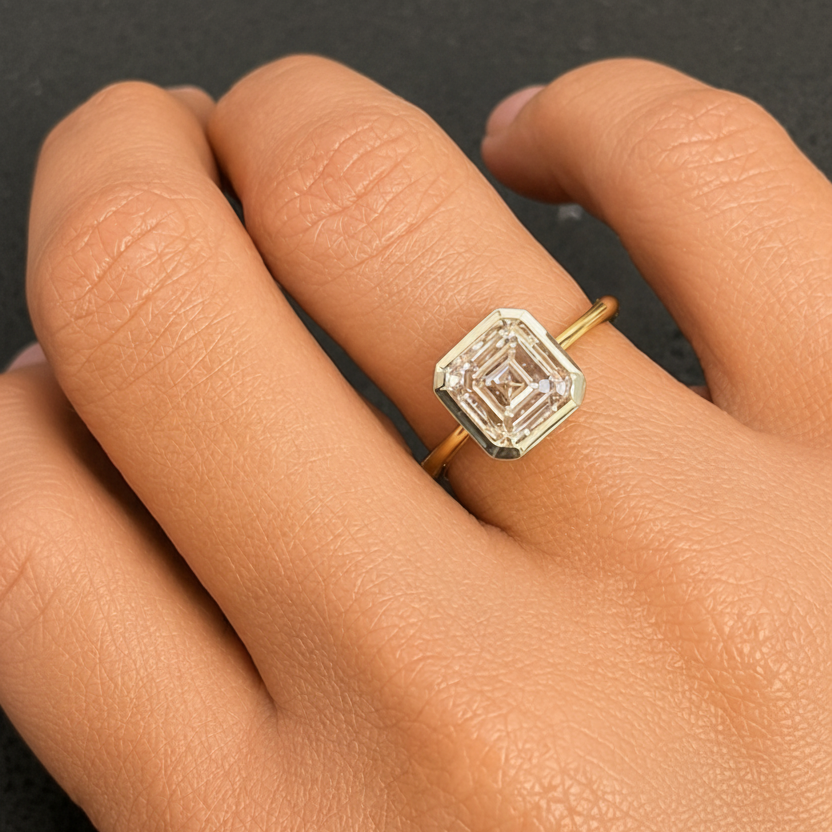 18k yellow gold ring with Asscher-cut fancy pink lab-grown diamond by Diamond Tales