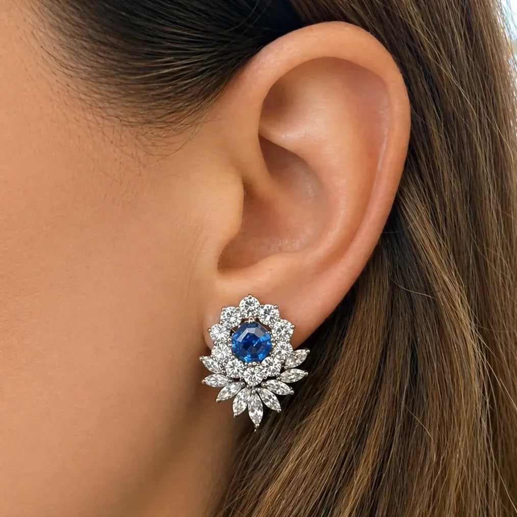 Asscher sapphire and marquise diamond earrings in platinum and 18k gold – Diamond Tales