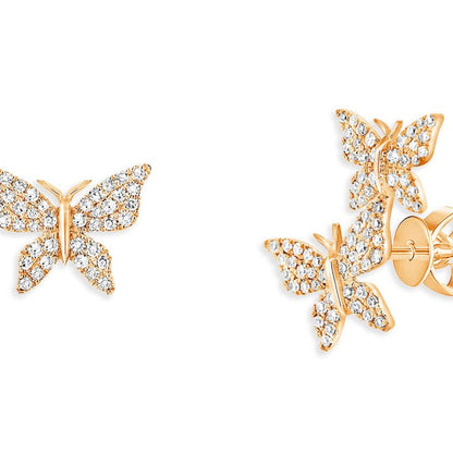 18k rose gold butterfly stud earrings with asymmetrical wings and diamond pavé