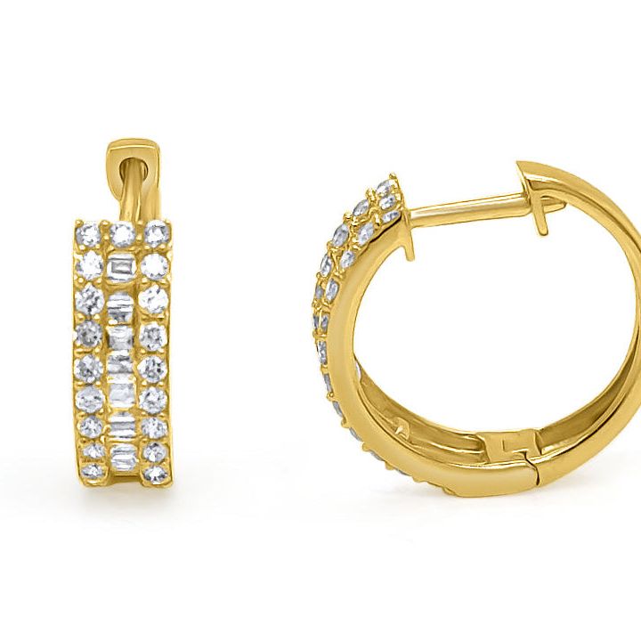 18k yellow gold baguette and diamond hoop earrings by Diamond Tales