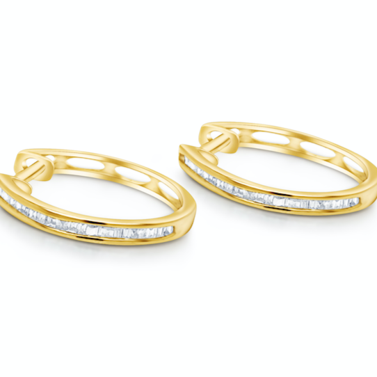 18k yellow gold baguette diamond hoop earrings by Diamond Tales