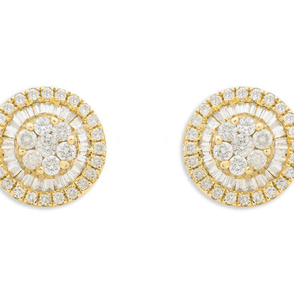18k yellow gold stud earrings with circular cluster of baguette and round diamonds