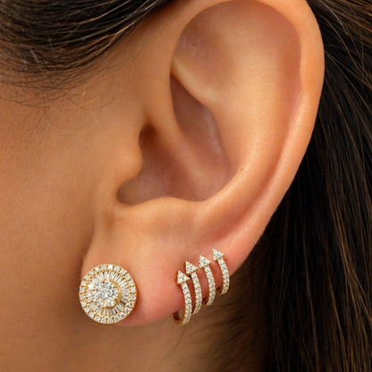 18k yellow gold stud earrings with circular cluster of baguette and round diamonds