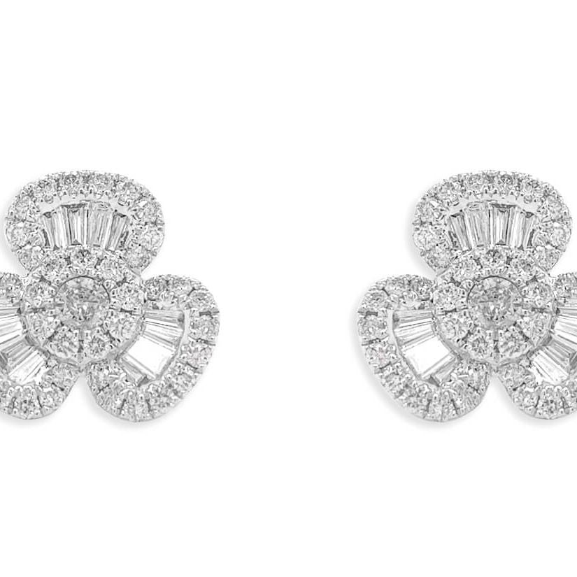 18k gold baguette and round diamond flower earrings by Diamond Tales