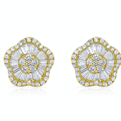 18k yellow gold flower-motif earrings set with baguette and round brilliant diamonds totaling 1.35 cts