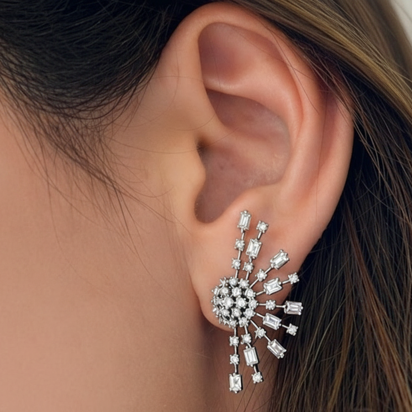 18k white gold baguette and round diamond stardust earrings by Diamond Tales