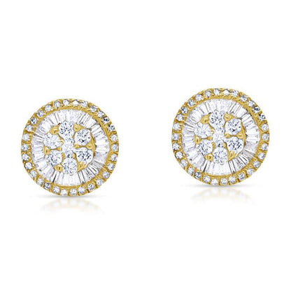 18k yellow gold stud earrings with baguette and round brilliant-cut diamonds totaling 0.46 carats