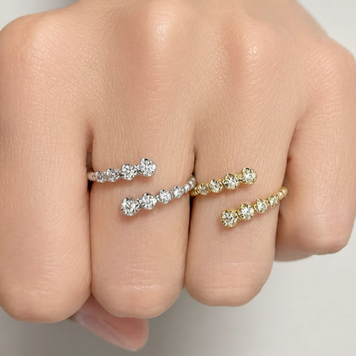 18k gold open band ring with beaded texture and inset diamond accents