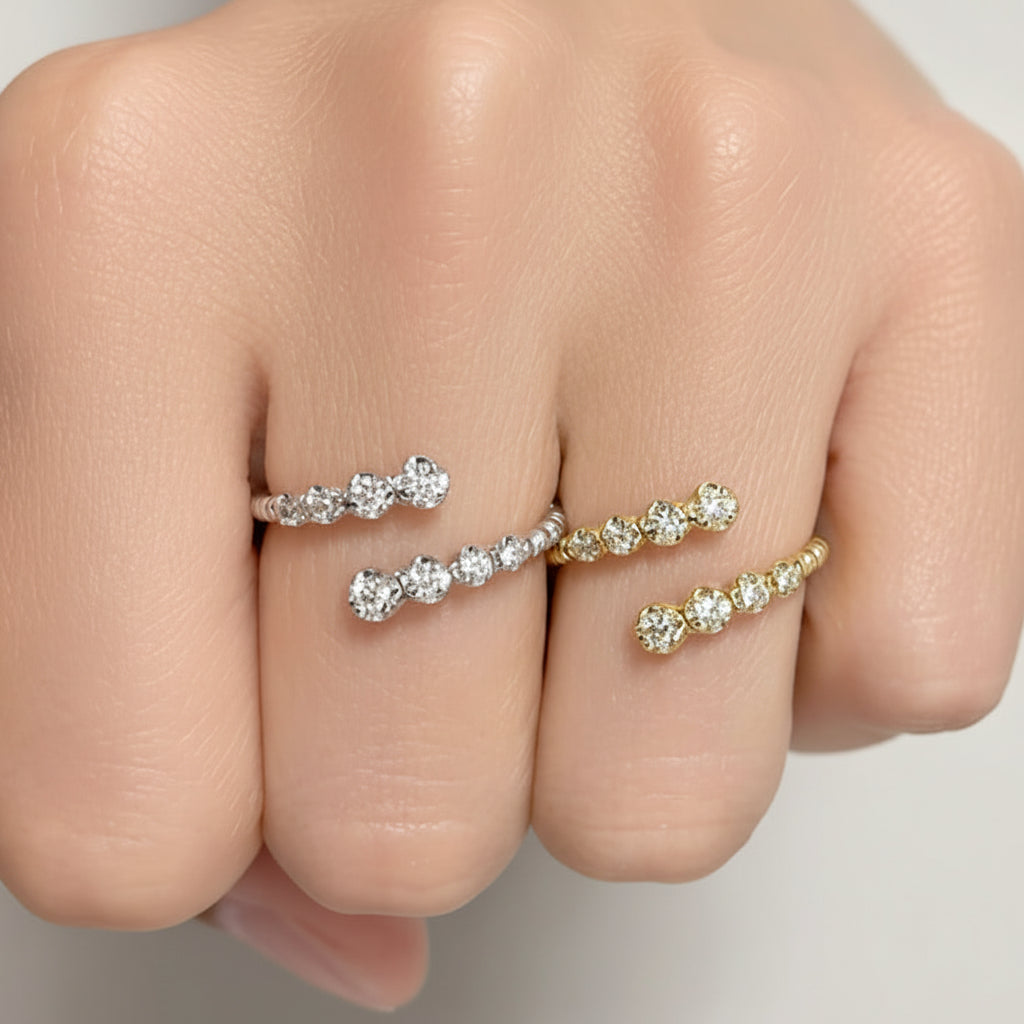 18k gold open band ring with beaded texture and inset diamond accents