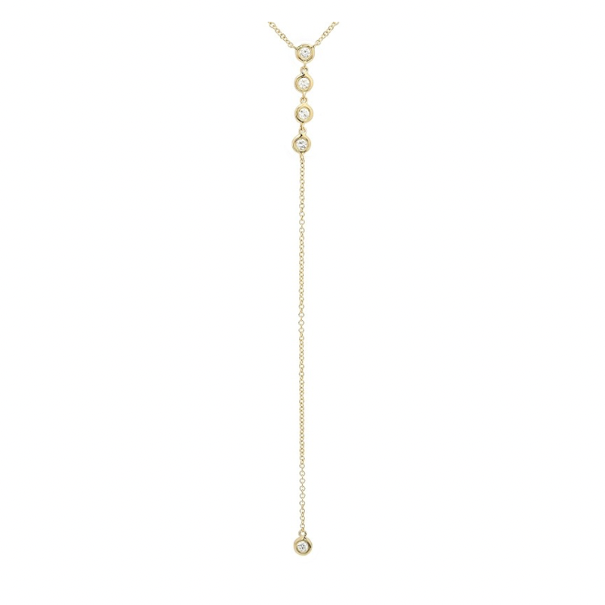 bezel diamond lariat necklace in 14k yellow gold with five bezel set diamonds