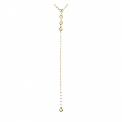 bezel diamond lariat necklace in 14k yellow gold with five bezel set diamonds