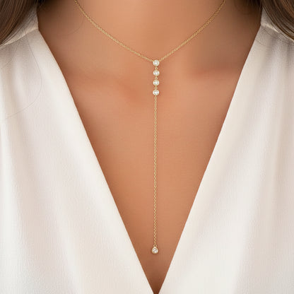bezel diamond lariat necklace in 14k yellow gold with five bezel set diamonds