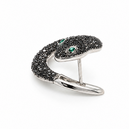 Black diamond and emerald snake earring in 18k white gold, detail view