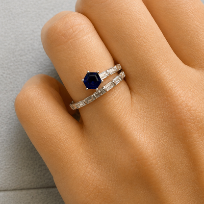 Platinum ring with blue sapphires and baguette diamonds by Diamond Tales