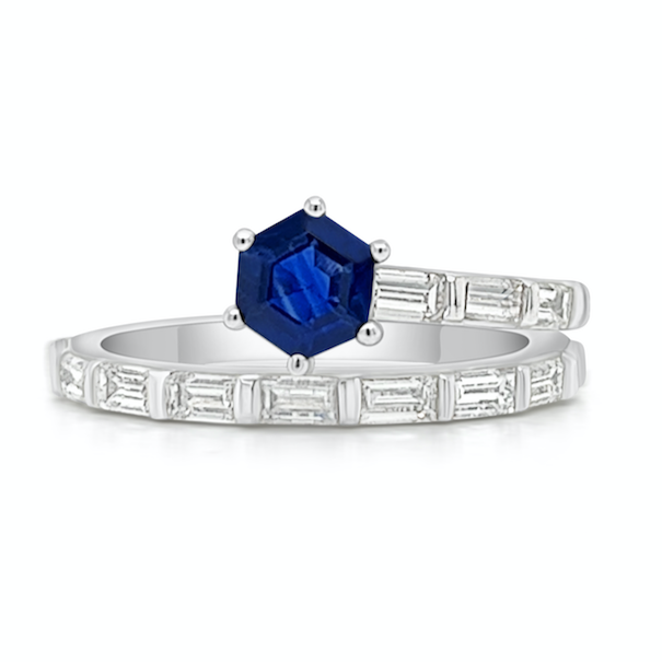Platinum ring with blue sapphires and baguette diamonds by Diamond Tales