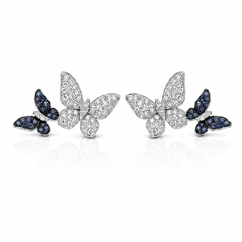 18k white gold double butterfly earrings with blue sapphires and diamonds