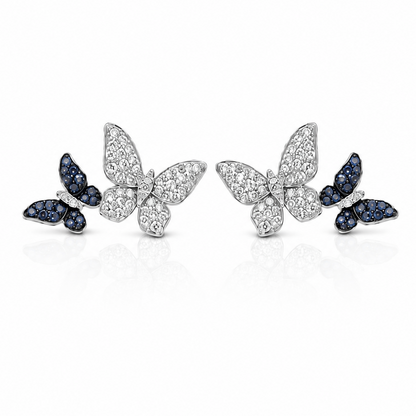 18k white gold double butterfly earrings with blue sapphires and diamonds