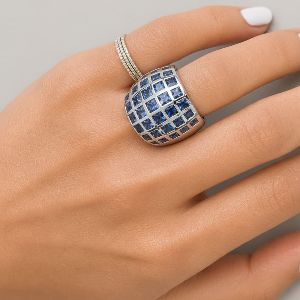 blue sapphire eternity band ring in 18k white gold with 6.10 carats