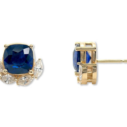 18k yellow gold stud earrings with cushion blue sapphires and marquise diamond accents