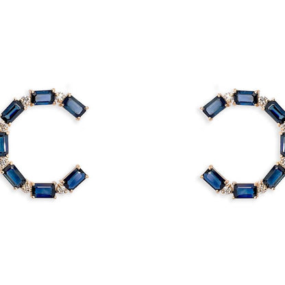 18k gold open-circle stud earrings with blue sapphires and diamond halo