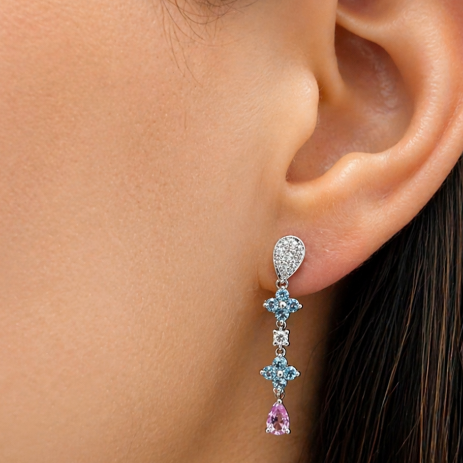 18k gold blue topaz flower and pink sapphire drop earrings by Diamond Tales