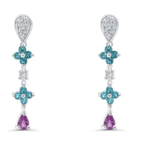 18k gold blue topaz flower and pink sapphire drop earrings by Diamond Tales