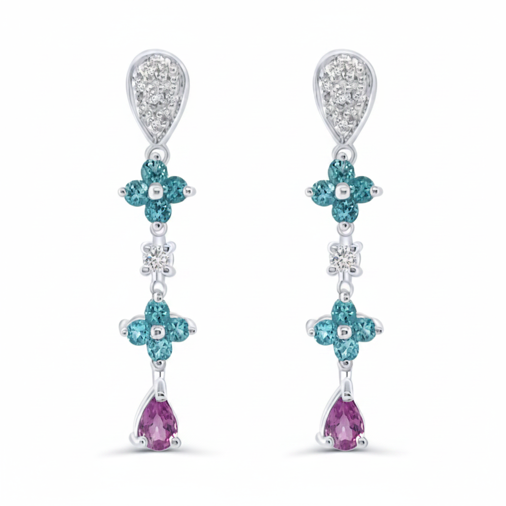 18k gold blue topaz flower and pink sapphire drop earrings by Diamond Tales