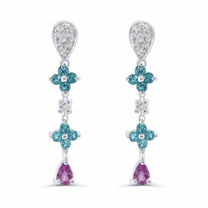 18k gold blue topaz flower and pink sapphire drop earrings by Diamond Tales