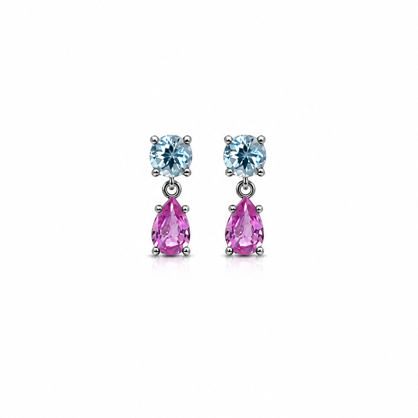 14k white gold drop earrings with round blue topaz and pear pink sapphires